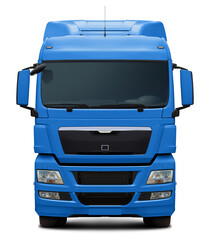 The powerful European truck is completely blue. Front view isolated on white background.