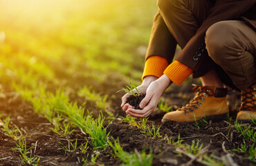 Young seedlings in the hands of a farmer. Agriculture, organic gardening, planting or ecology concept. Environmental, earth day.  Farmer checking before sowing.