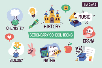 School subjects educational icons. Hand-drawn vector labels with secondary school subjects. Perfect for timetables, websites, school apps, sticker design, etc