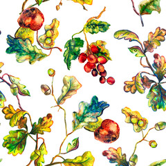 Colorful autumn hand painted foliar seamless pattern. Bright watercolor mushrooms, oak sticks and grapes. Beautiful autumn ornament for print, textile, wallpaper cover.