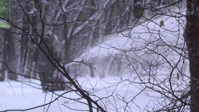 Men remove snow in the park with a snow blower