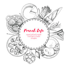 French cuisine top view, label concept. A set of classic French dishes with bakery, beef bourguignon, escargot, poached eggs, onion soup. Food menu design template. Sketch vector illustration