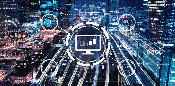 Stock trading theme with a large train station - Powered by Adobe