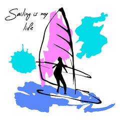 Windsurfing Sport Competition. A character on Board with Sail on the Water. Abstract background with Blue and Pink splashes and drops. Drawn linear illustration of banner. Space for text. Multicolored