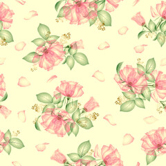 Transparent rose seamless pattern. floral illustration with pink roses, green leaves and golden berries on a light yellow background. for printing on wallpaper, textiles, wrapping paper, home decor