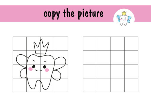 Children s mini-game on paper - repeat the drawing of a tooth fairy with crully. Copy the picture using grid lines, simple toddler game with easy level of play, drawing for kids
