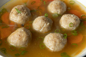 Kneidalach, Hot Homemade Matzo Ball Soup in a Bowl Jewish Passover