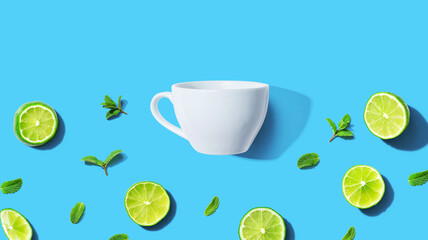 Obraz na płótnie Canvas Fresh limes with tea cup overhead view