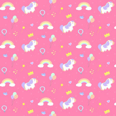 Unicorn, rainbow, bird, balloons. Magic set. Fairy. Girl set. Cartoon illustration. Pattern. 