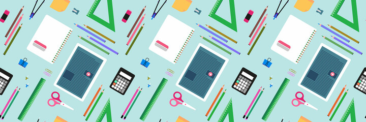 School  pattern. Education background. Back to school  seamless pattern. School supplies, objects, compasses, colored crayons, erasers, scissors, paper clips, sharpeners, ruler, glue, notebook