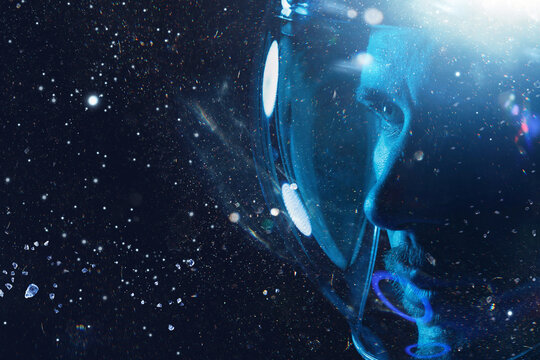 Portrait of futuristic astronaut.  conception. Augmented reality game, future technology, astronomy, AI concept.