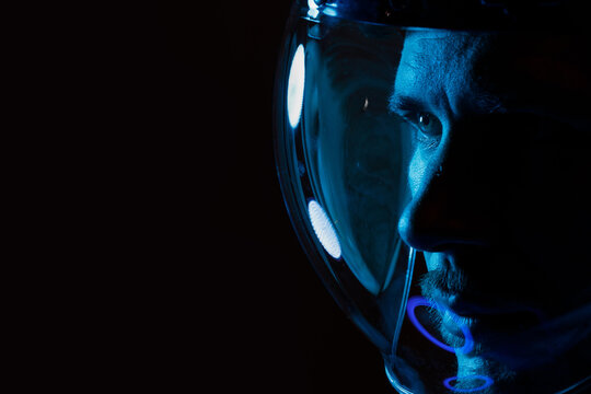 Portrait of futuristic astronaut.  conception. Augmented reality game, future technology, astronomy, AI concept.