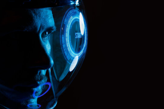 Portrait of futuristic astronaut.  conception. Augmented reality game, future technology, astronomy, AI concept.