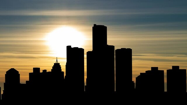 Detroit, United States Skyline Silhouette, Time Lapse at Sunset