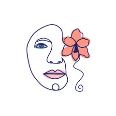 woman face with orchid flower. Continuous line drawing