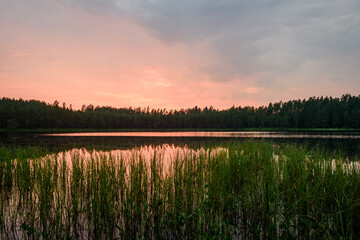 Sunset above lake in forest. Pilezers lake in Latvia.
