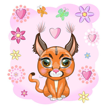 Caracal steppe lynx with beautiful eyes in cartoon style, colorful illustration for children. Caracal cat with characteristic ears, spots
