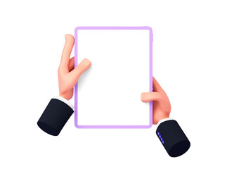 3D render, cartoon hands with sleeves are holding a tablet in portrait orientation. Isolated on white background