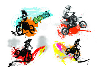 Sport background with active man riding motobike for internet banners, social media banners, headers of websites, vector illustration