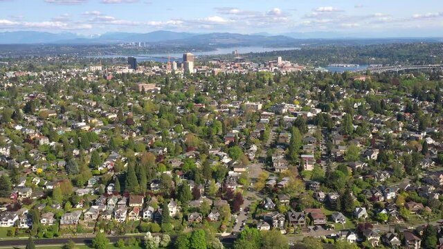 Flying Above Houses and Going Towards Bellevue with I-5 and Highway 520 in View