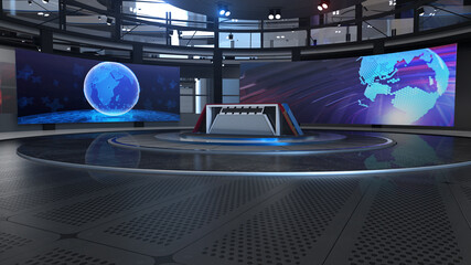 3D Virtual TV Studio News, Backdrop For TV Shows .TV On Wall.3D Virtual News Studio Background,3d illustration 