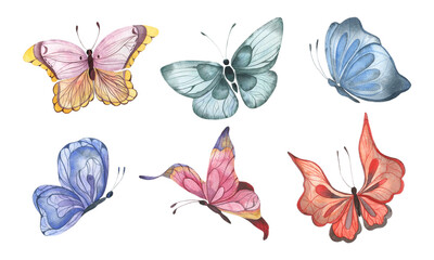 Watercolor set with colorful abstract butterflies, flying butterflies isolated elements on a white background. Botanical illustration for fabrics, wedding decoration, banners, posters