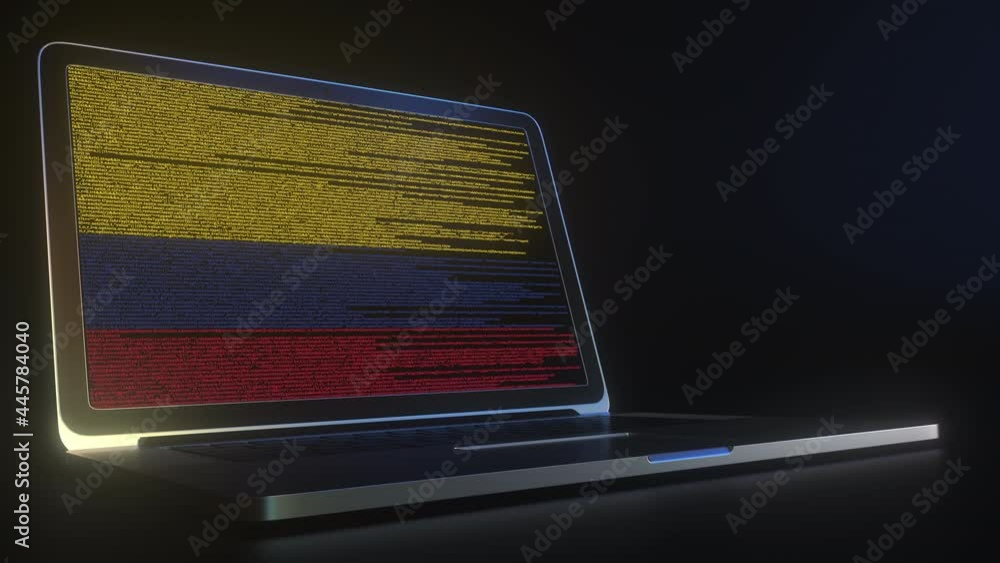 Poster laptop and source code on the screen composing flag of colombia. national information technology rel