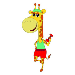 A sporty giraffe is engaged in fitness