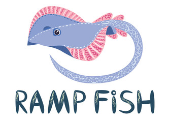 Stingray sails among the fish on a white background. illustration on a sea theme in a cartoon childlike style.