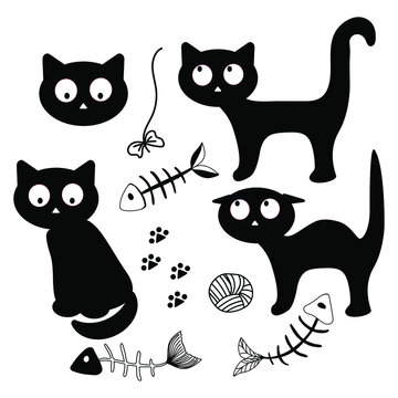 A set of elements on a white background. Black cats, skeleton, eaten fish, bow and ball toy. Vector in flat style. Black cats in different poses. Suitable for posters and postcards.