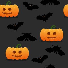 Halloween seamless pattern concept with pumpkins and bats on dark gray background. Vector illustration.