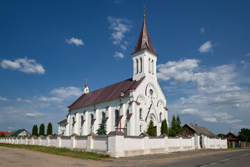 Fototapeta na wymiar Old ancient catholic church of the Holy Trinity in Kossovo. Kosava village, Brest region, Belarus.