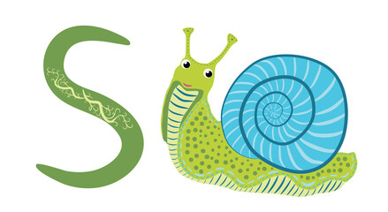 Letter S lowercase cute children colorful zoo and animals ABC alphabet tracing flashcard of Colorful Snail for kids