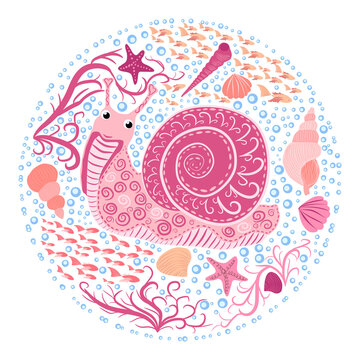 Pink snail beautiful character among seashells, seaweed, starfish, Scandinavian style, hand drawn.