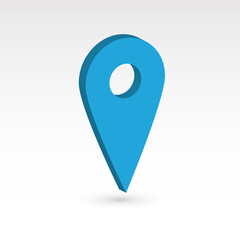 Map pointer - blue 3D vector object with dropped shadow. Location mark.