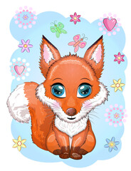 Cute Cartoon Fox with flowers on a white background