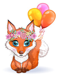 Fox cute character with beautiful eyes with balloons, greeting card