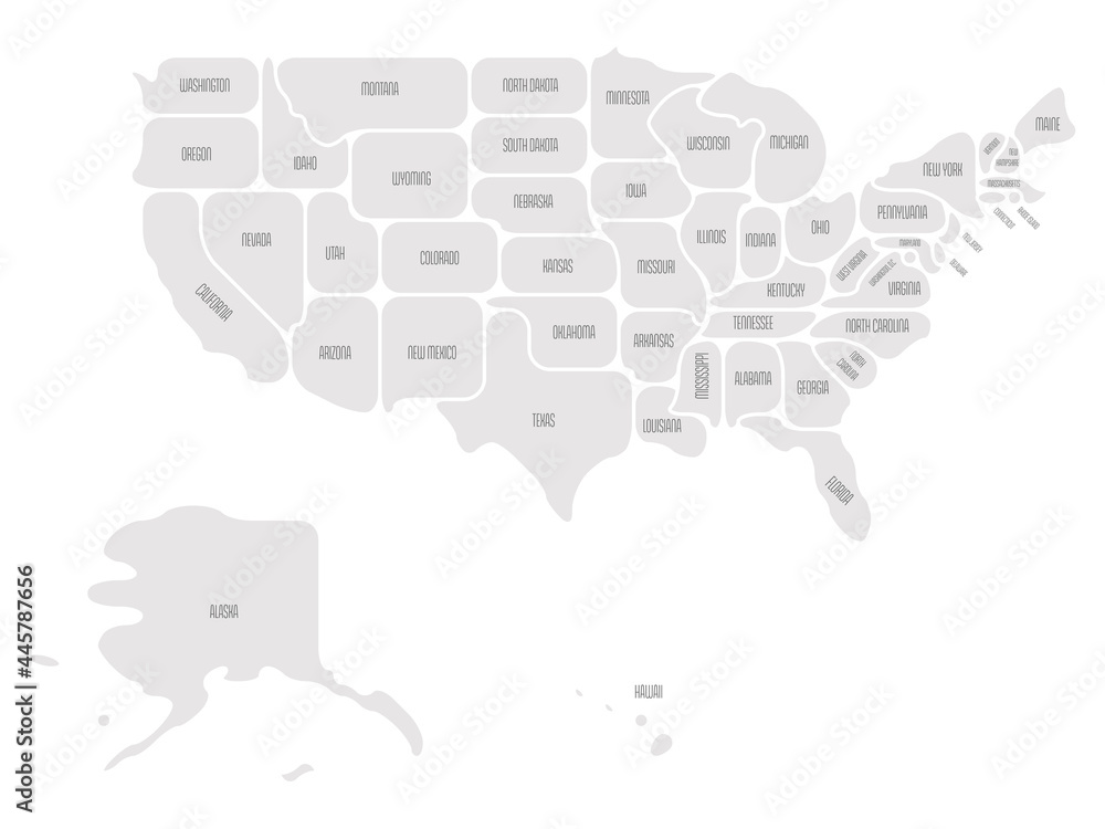 Poster simplified map of usa, united states of america. rounded shapes of states with smooth border. simple