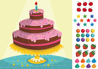 Delicious triple layer cake decoration game for children. Vector illustration.
