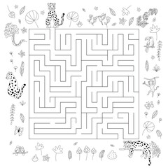 Maze game for kids. Cute cartoon jungle animals - leopards, monkey, snake, parrots, toucan, chameleon and hummingbird. Exotic tropical flowers and plants. Coloring page. Outline vector illustration.