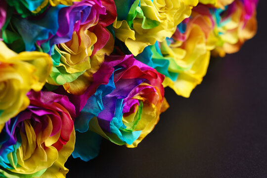 a bouquet of rainbow roses on a black background on a diagonal
