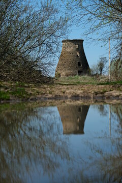 The skeleton of a windmill made of limestone quarry in the village of Pervoe Maya, Kingisepp District, Leningrad Region, Russia