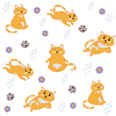 Cat vector seamless pattern. Cats in different poses.