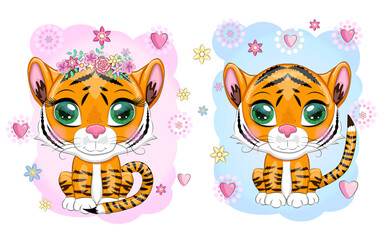 Baby Shower greeting card with Cute boy and girl. Cartoon tiger with expressive eyes. Wild animals, character, childish cute style.