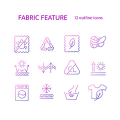 Different fabric properties outline icons set. Textile industry. Easy care, handwash