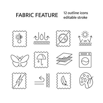 Fabric feature outline icons set. Textile industry. Fiber diversity. Dust mite repellent