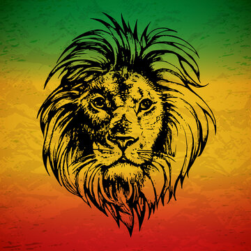 Lion Stamp Portrait on Rastafarian Flag. Vector Illustration.