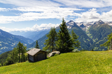 Fototapeta na wymiar eine alte Berghütte inmitten einer wunderschönen Wiese im Hochtauern Nationalpark nahe Matrei, Osttirol Österreich