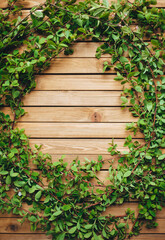 Branches from trees, in the form of a wreath and a circle, with green leaves are beautifully laid out on a wooden brown background. Composition with copy space. Spring flowering plant.