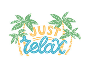 Colorful summer lettering in modern style. Hand-drawn holiday decoration. Isolated vector illustration design with summer elements.